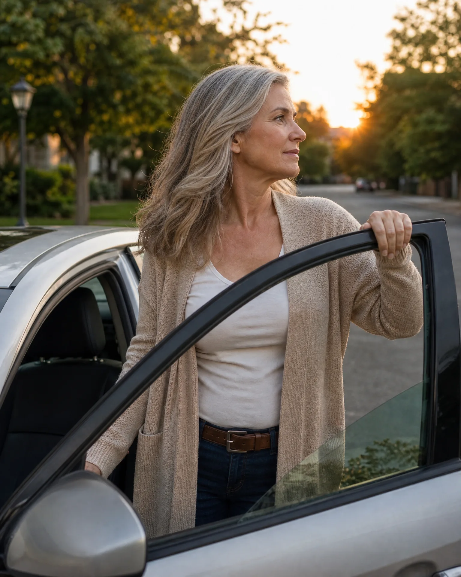 A woman with long gray-blonde hair, wearing a white top and beige cardigan, stands in the open driver's door of a light-colored car on a tree-lined street at sunset, looking to the side.