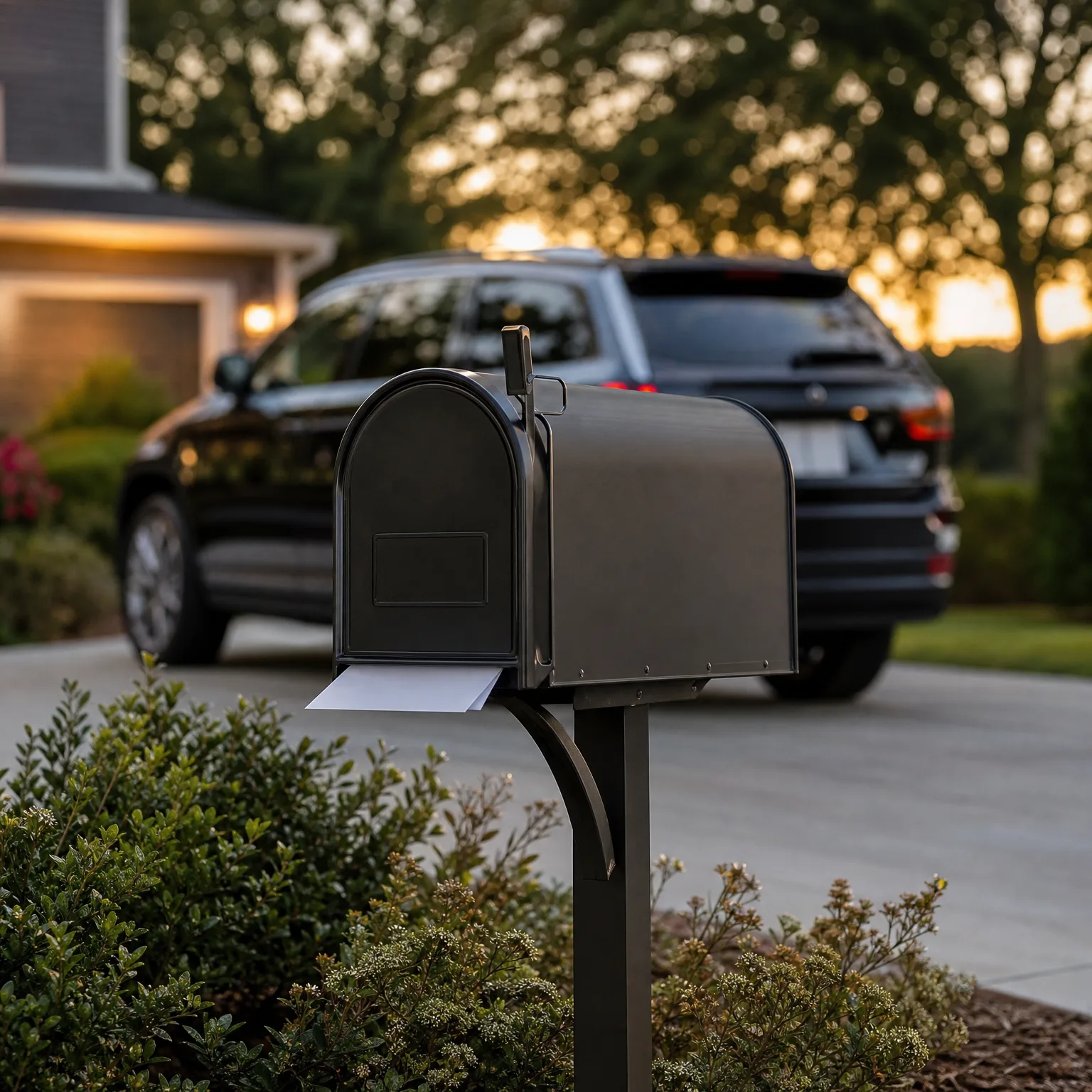 A dark metal mailbox on a post with a white envelope protruding from its closed door, standing beside shrubs in front of a concrete driveway where a dark SUV is parked near a house at dusk.