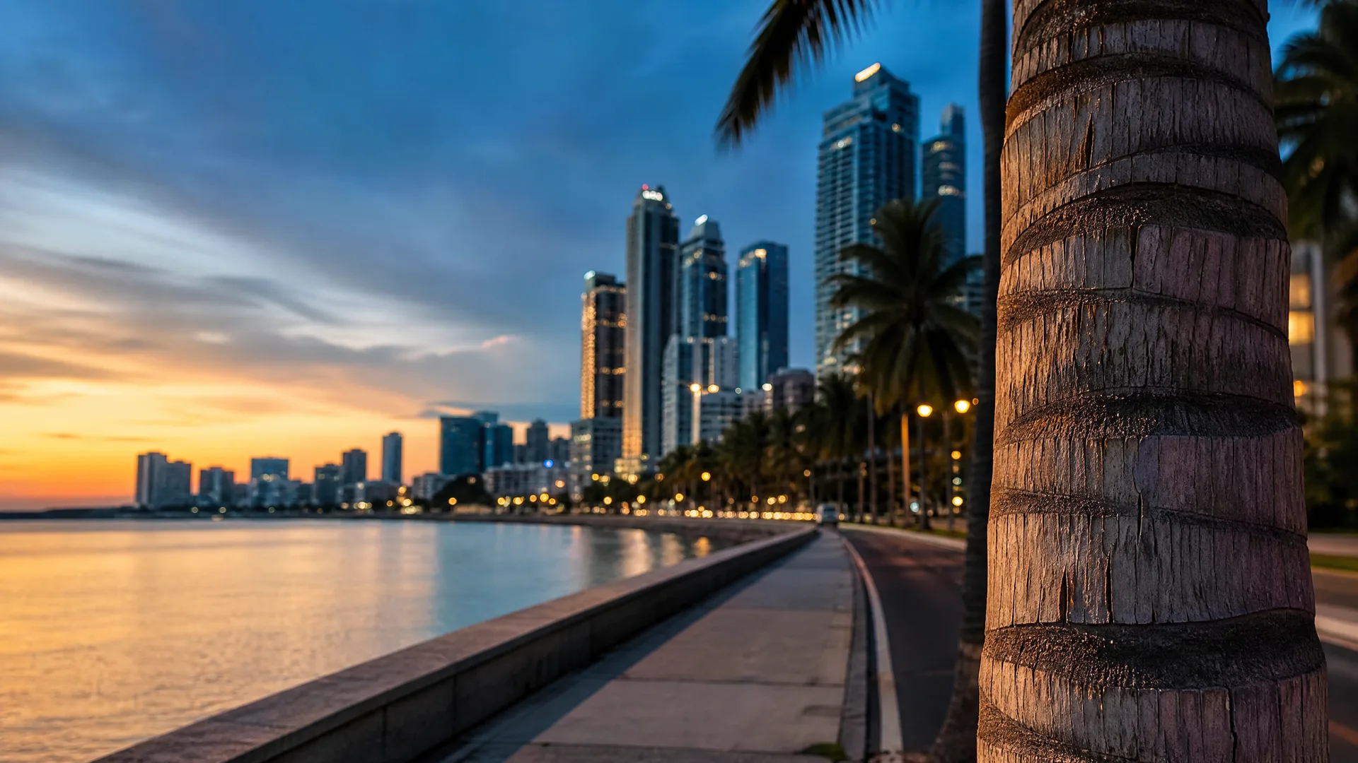 A waterfront promenade and road lined with palm trees at dusk, with high-rise towers and a glowing orange sunset over calm water in the background, framed by a close-up palm trunk at right.