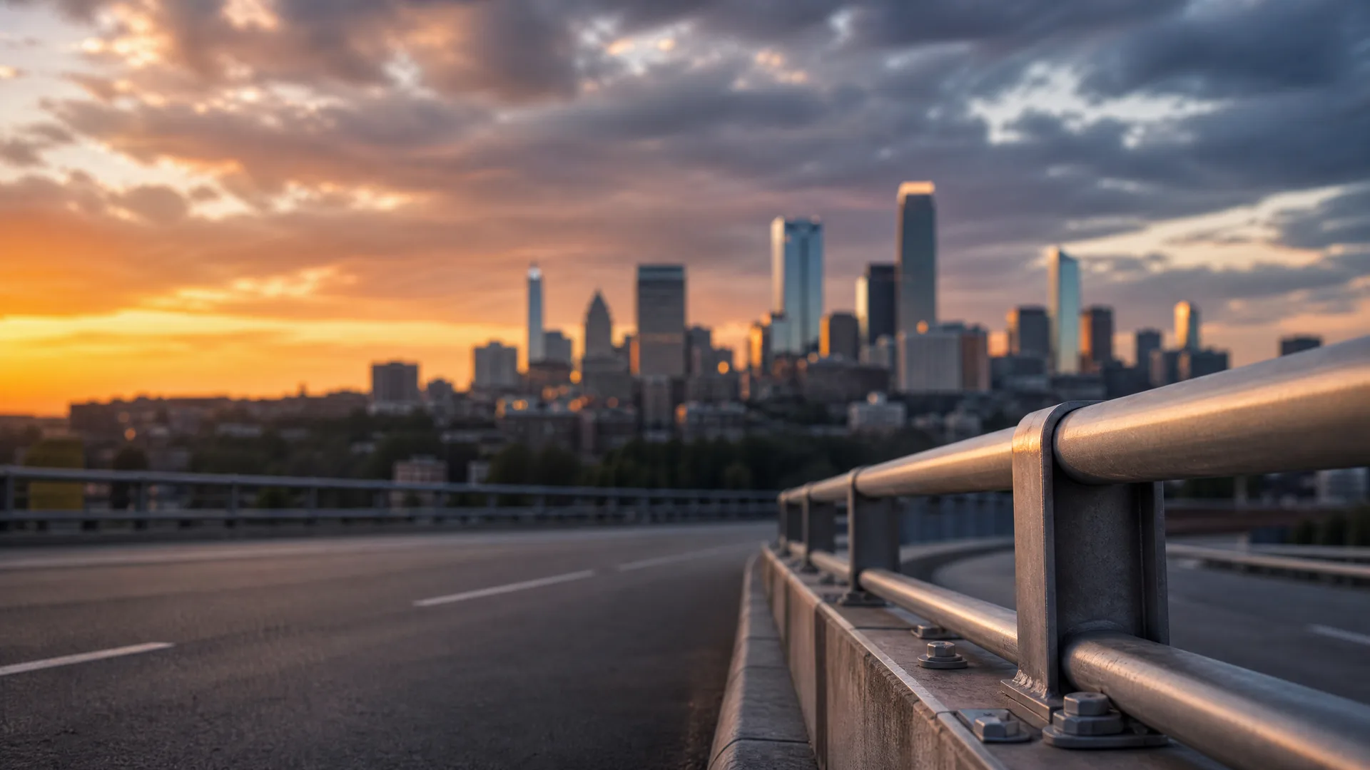 Empty asphalt road on a bridge with a metal guardrail on the right, facing a blurred city skyline under an orange and grey sunset sky.