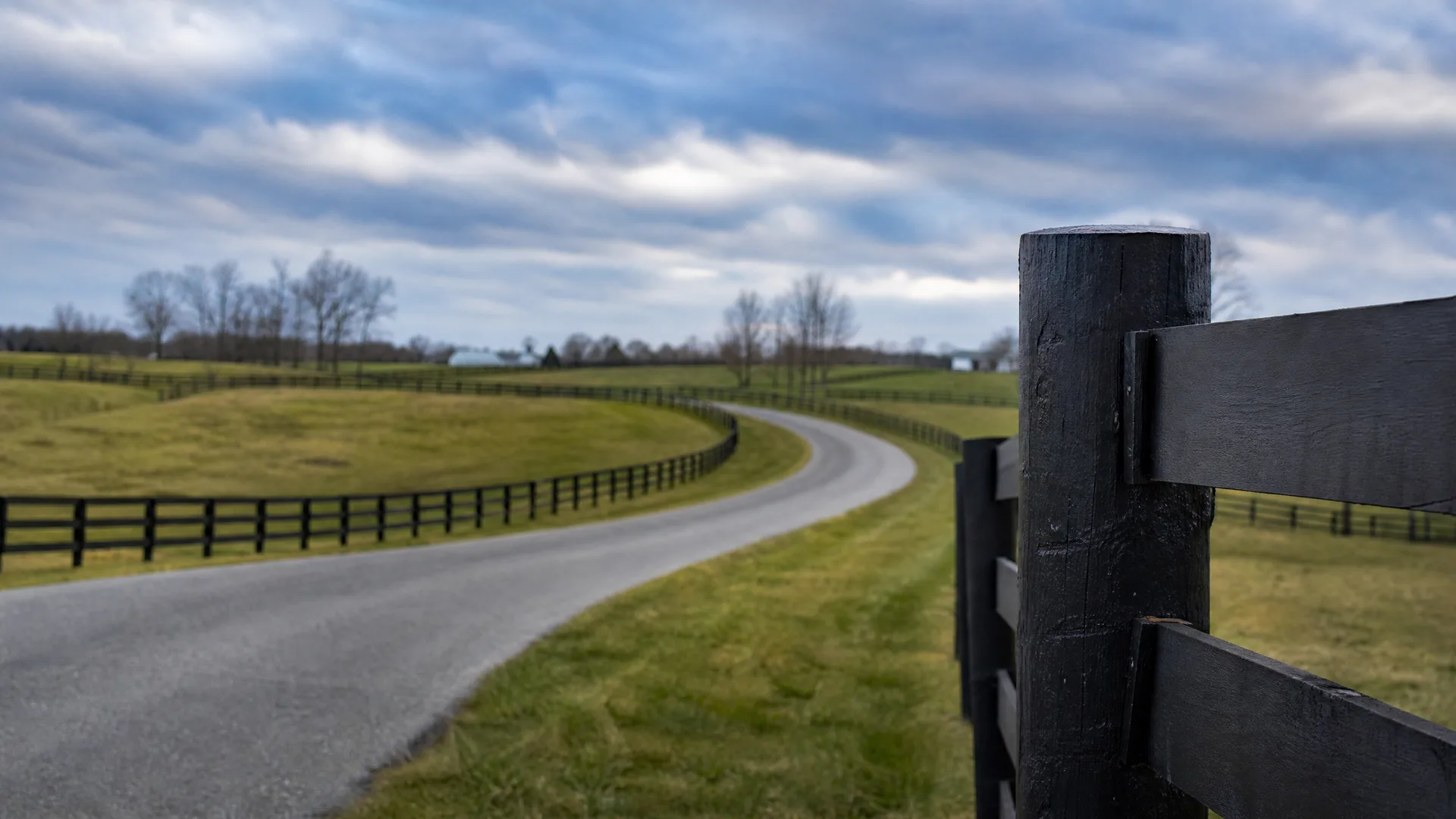 A narrow paved road curves between grassy fields lined with black plank fencing, with a large dark fence post in sharp focus at the right and bare trees under a cloudy sky in the distance.