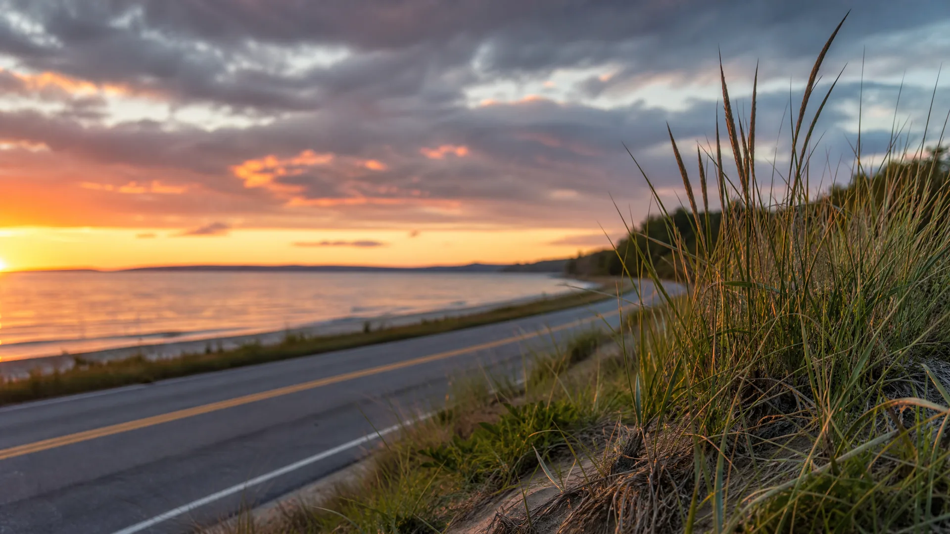 A two-lane road with a yellow center line and white edge line runs along a shoreline at sunset, with tall grasses in the foreground at right and a calm body of water and low land on the horizon at left.