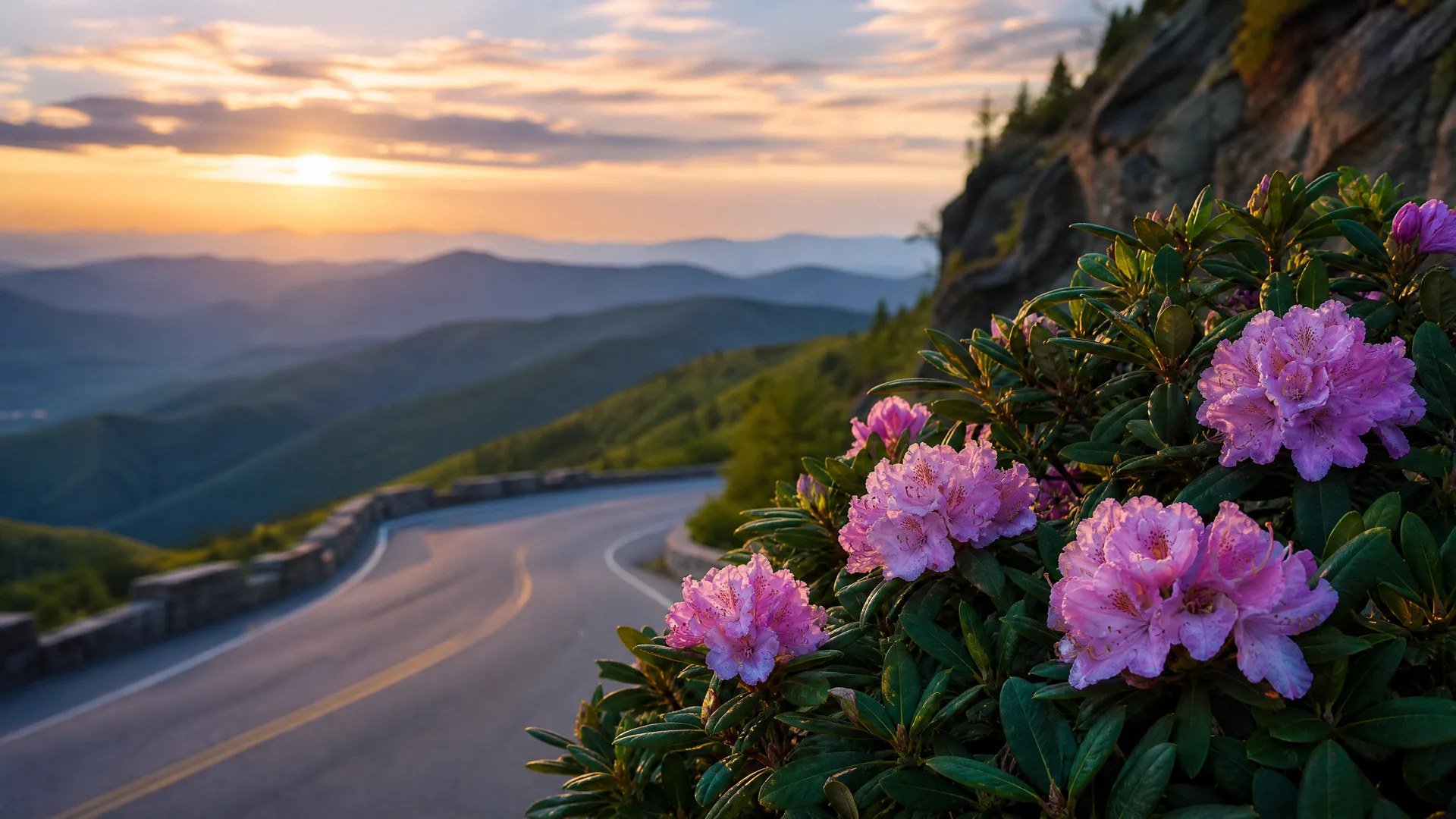 Pink rhododendron blossoms with dark green leaves in the foreground beside a curving two-lane road with a stone wall, overlooking layered blue ridges at sunset.