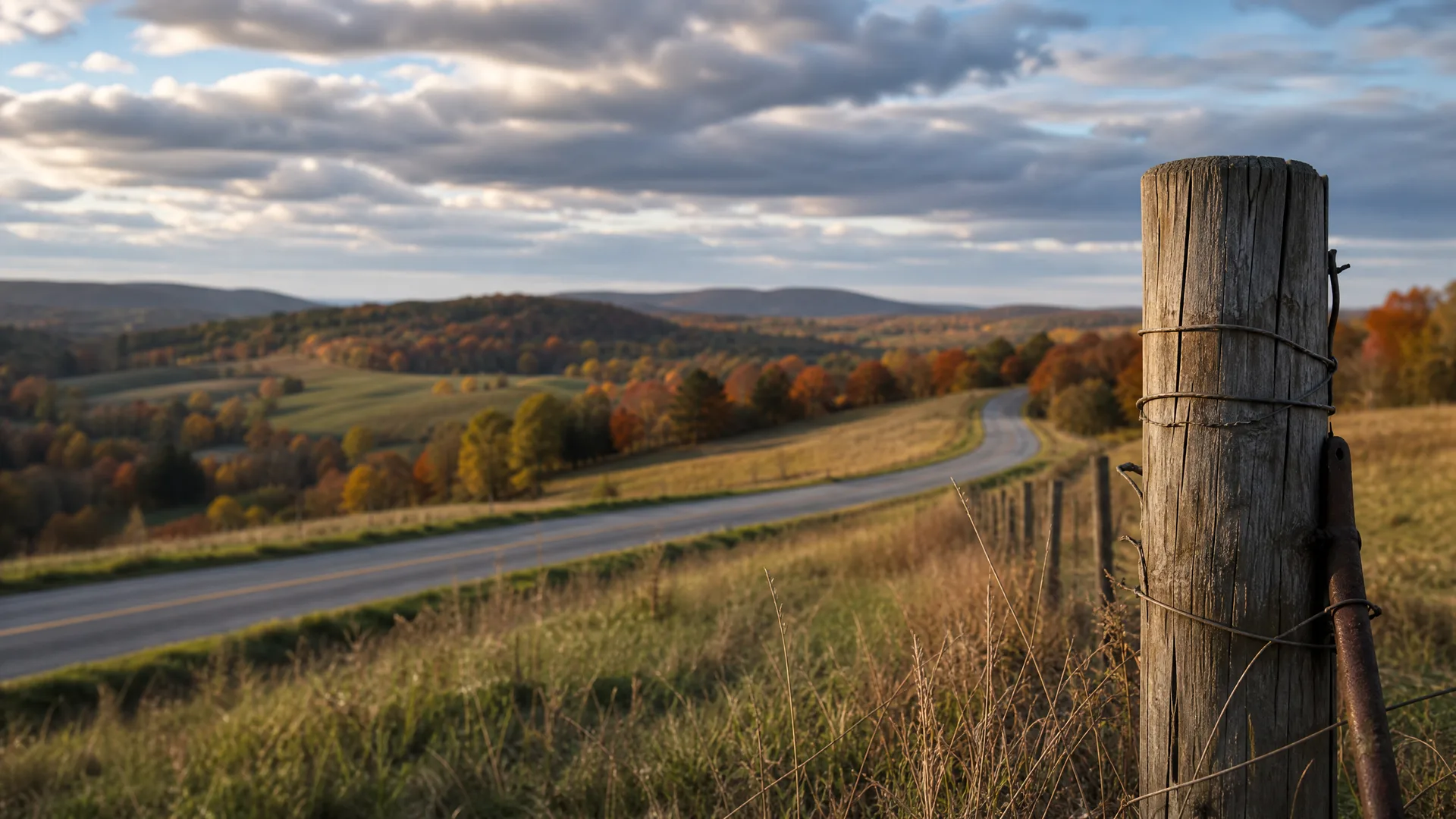 A weathered wooden fence post wrapped with wire stands in tall grass in the foreground, with a two-lane road curving through rolling hills of autumn-colored trees and fields under a cloudy sky.