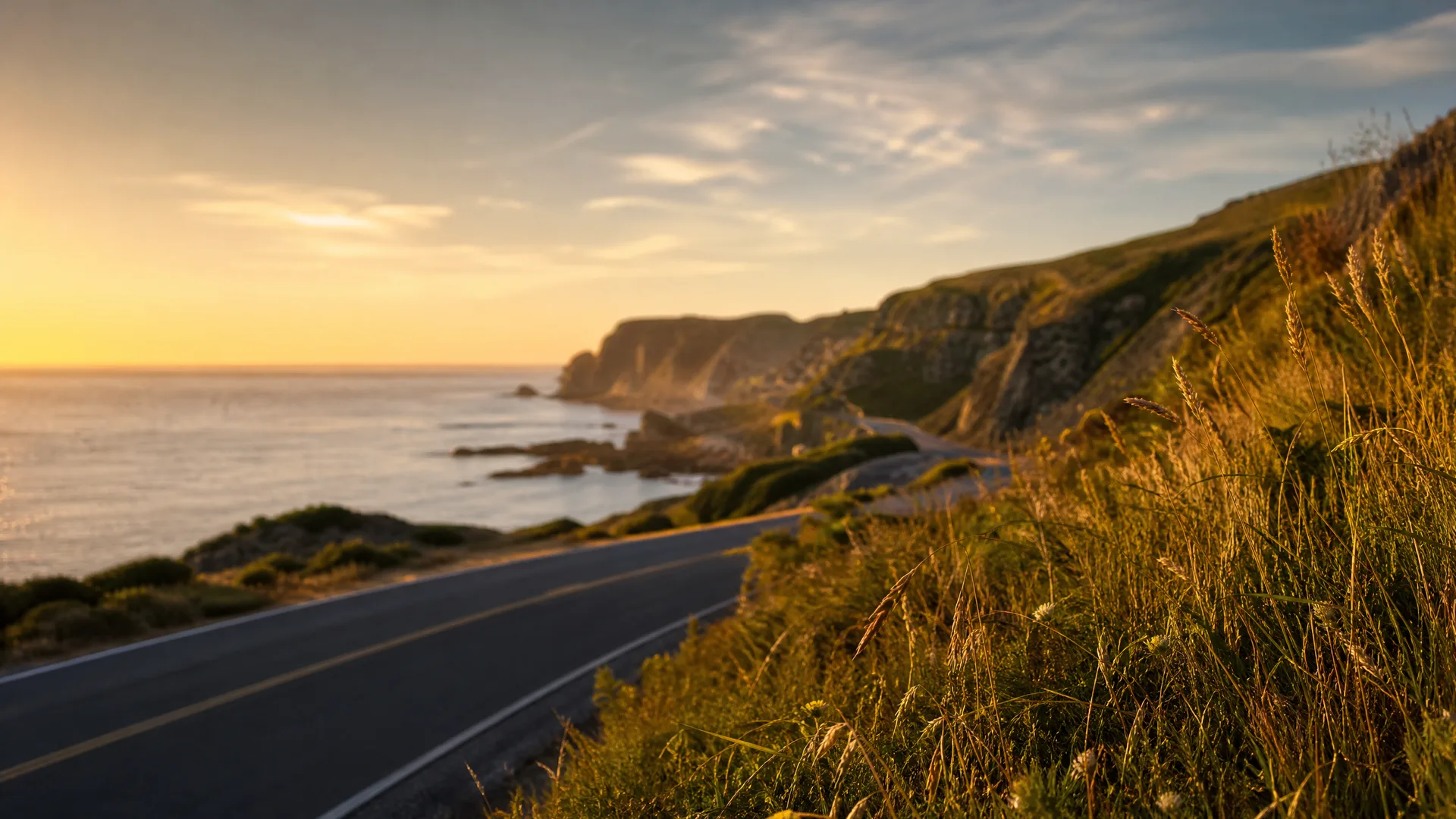 A two-lane paved road with yellow center lines curves along a grassy coastal hillside above the ocean, with cliffs and headlands in the distance under a hazy sky at low sun.