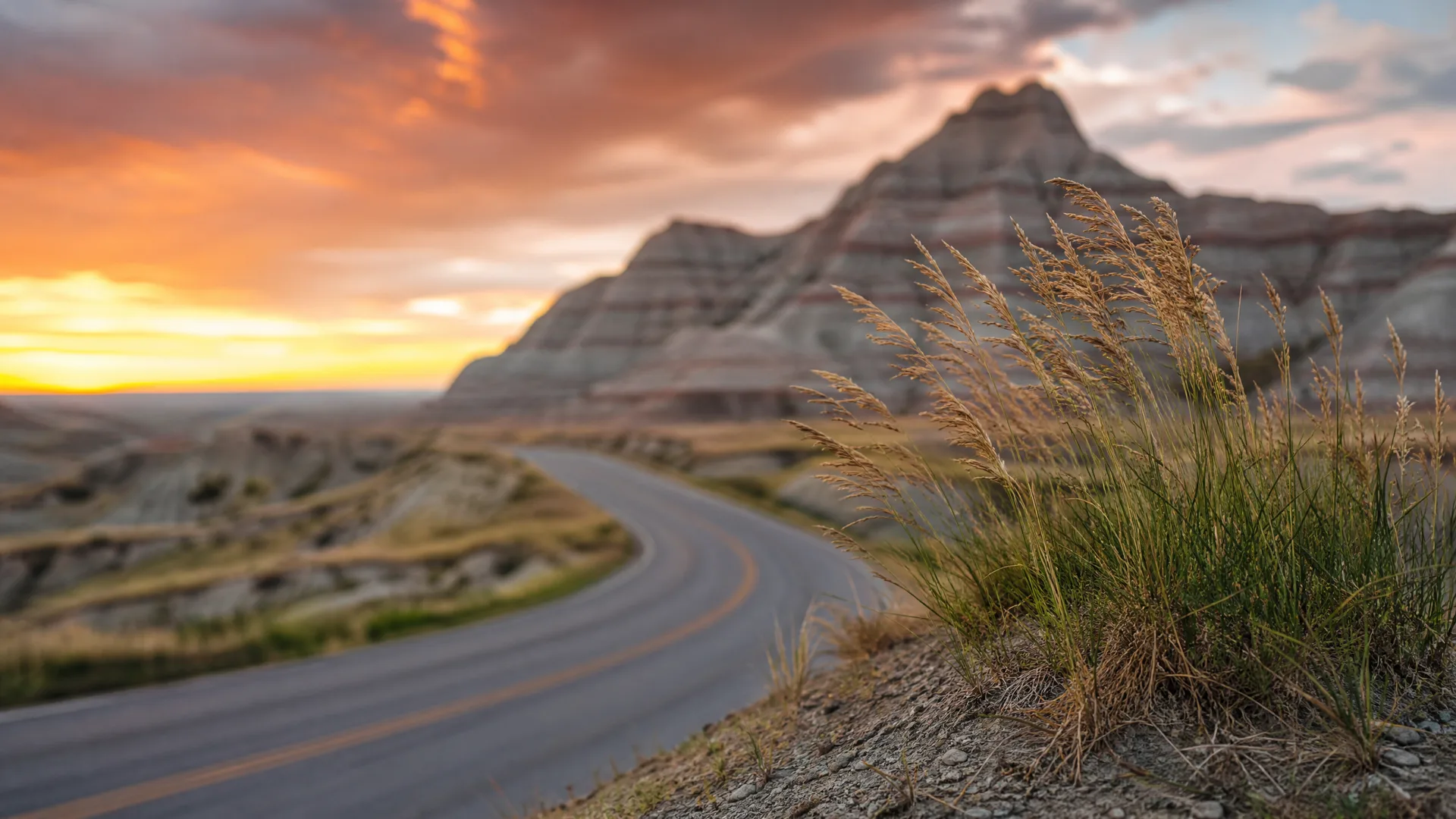 A two-lane road with a yellow centre line curves through eroded, banded rock formations at sunset, with dry grasses in sharp focus along the roadside in the foreground.