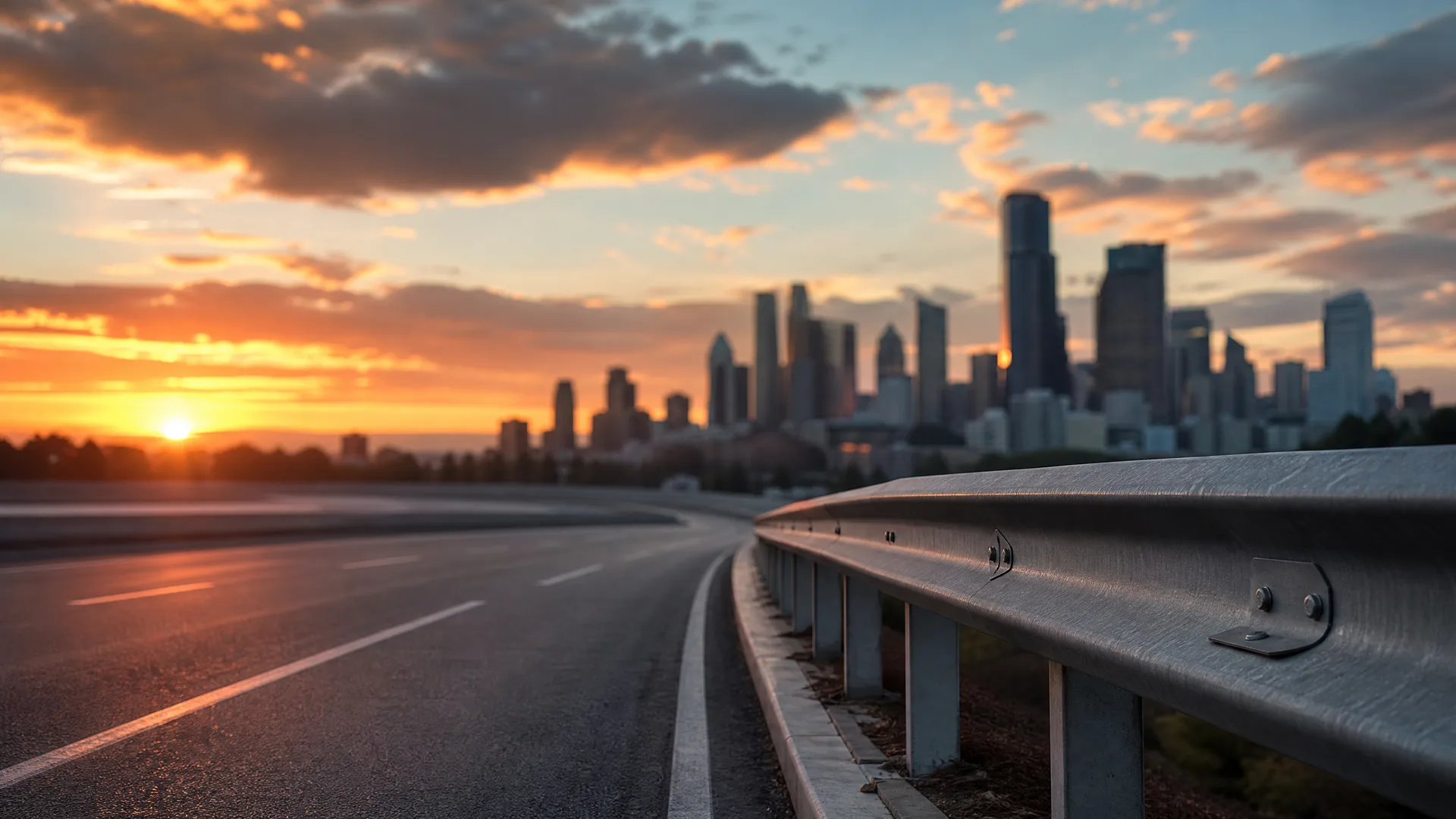 An empty asphalt road with painted lane markings curves beside a metal guardrail, with a blurred city skyline and orange sunset clouds in the background.